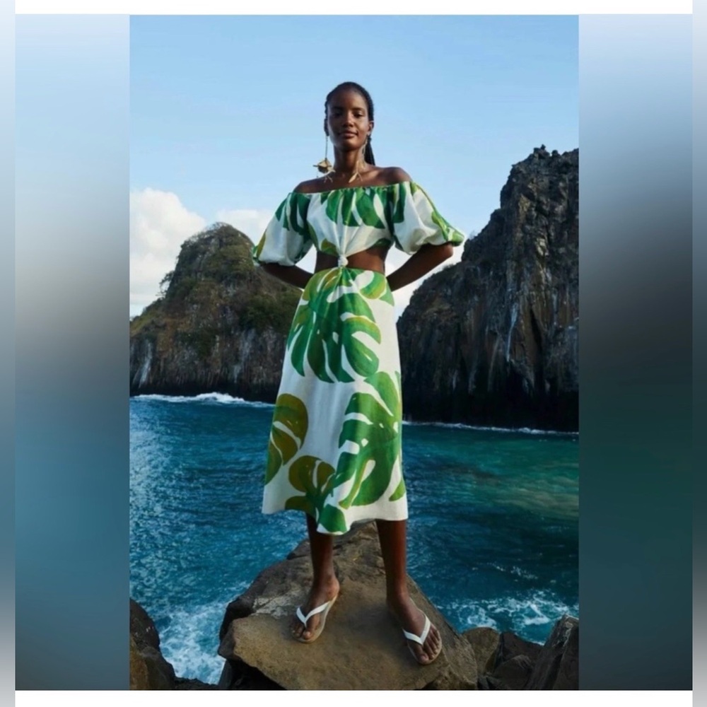 Farm Rio Leaf Print Off-Shoulder Dress